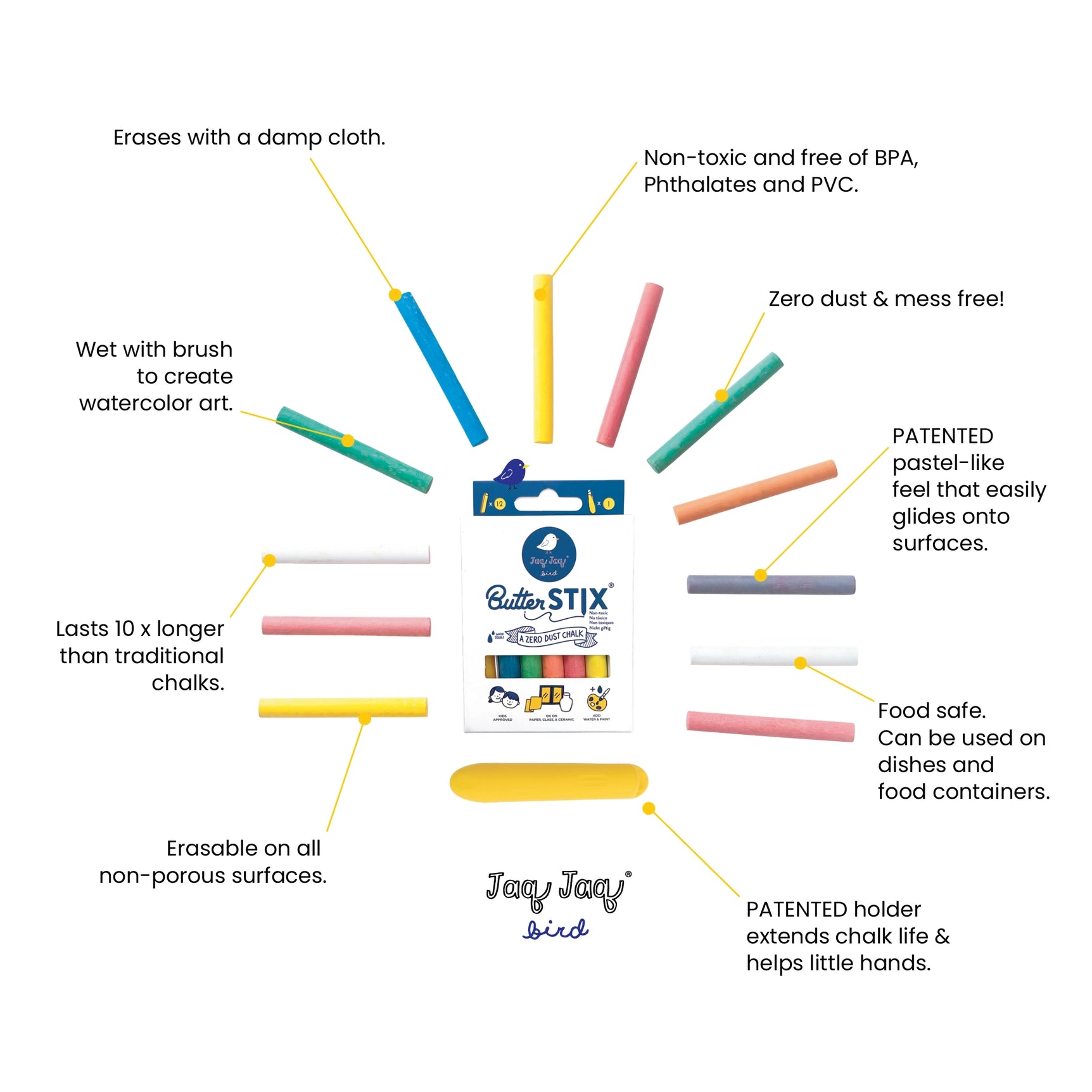 ButterstiX Støvfrie kritt - 12 klassiske farger inkl krittholder