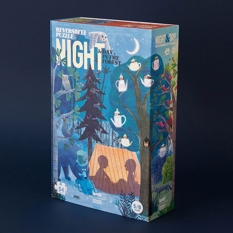 Night & Day in the forest - tosidig puslespill 5-8år