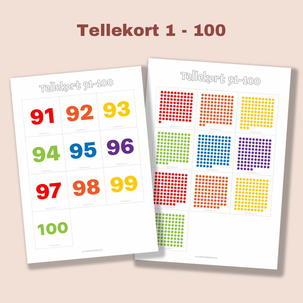 Tallkort 1 - 100, tall og telleprikker (digitalt)