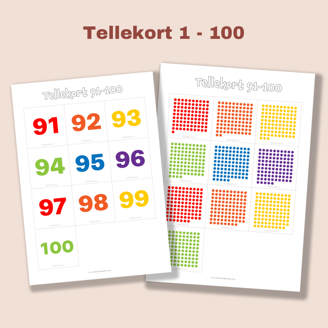 Tallkort 1 - 100, tall og telleprikker (digitalt)